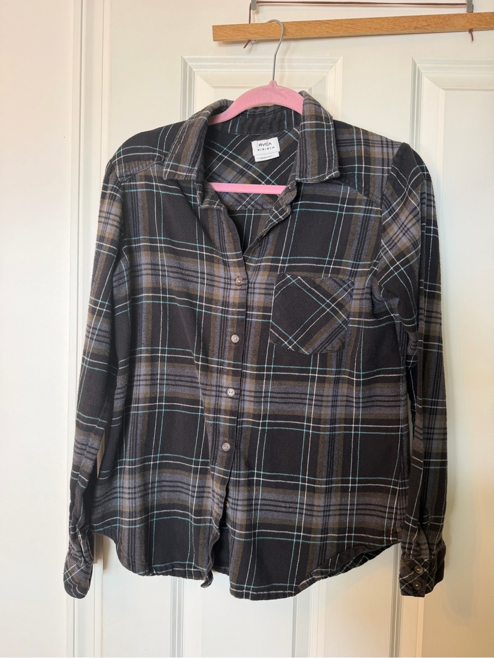 RVCA Black Plaid Button-Down Shirt with Brown & Teal Accents